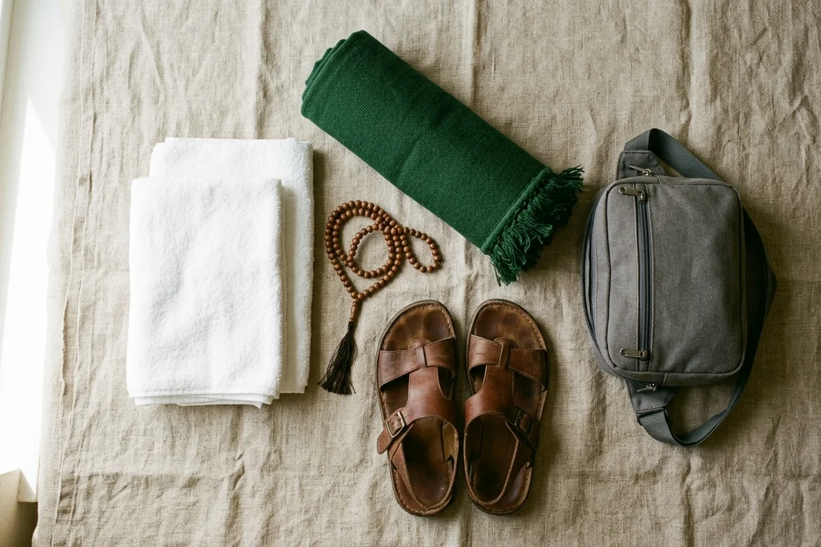 Ihram, prayer mat and travel bag ready for Umrah