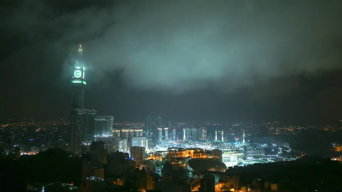 Makkah and the Clock Tower lit up at night