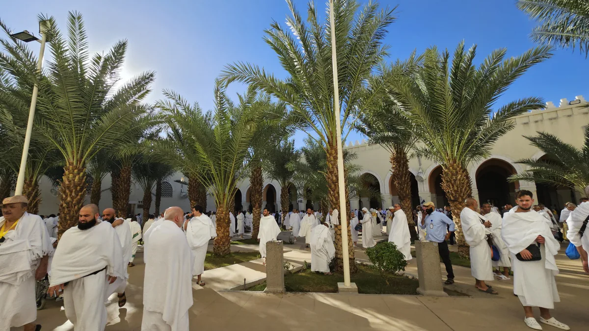 Pilgrims in ihram at the miqat mosque of Dhul Hulayfah near Madinah