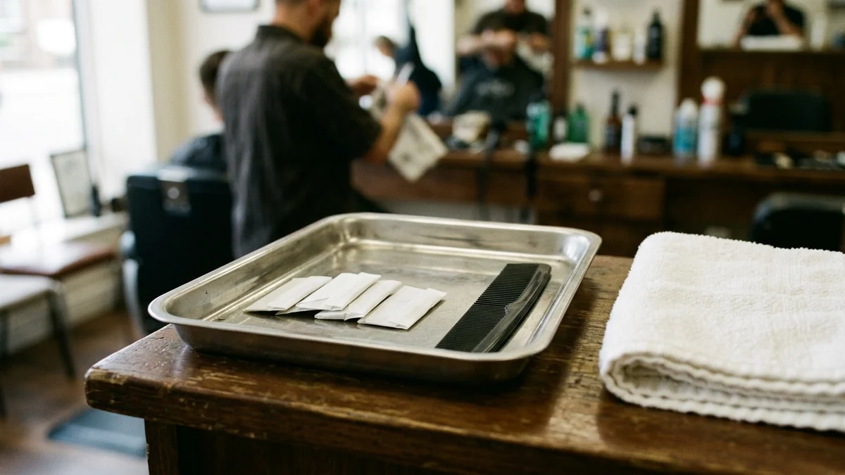 New disposable blades at a barber's station