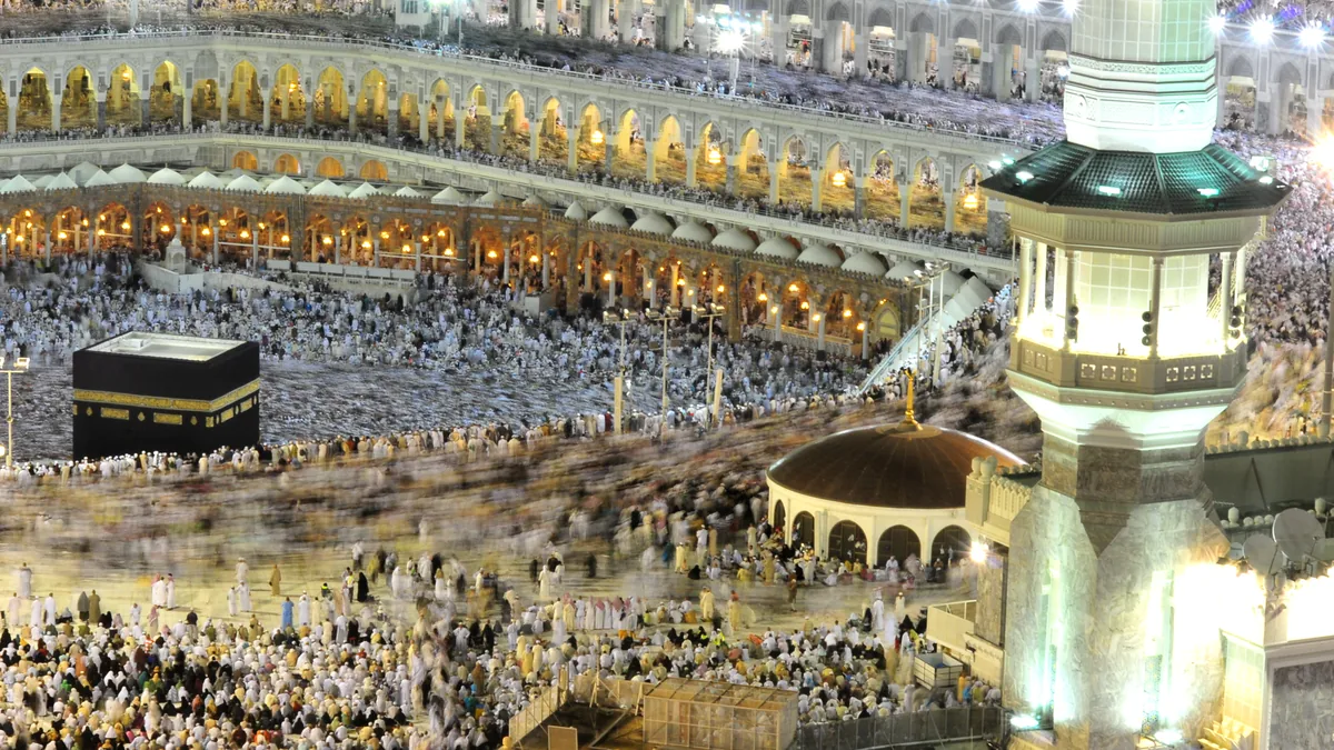 Pilgrims performing farewell Tawaf around the Kaaba in an archive photograph