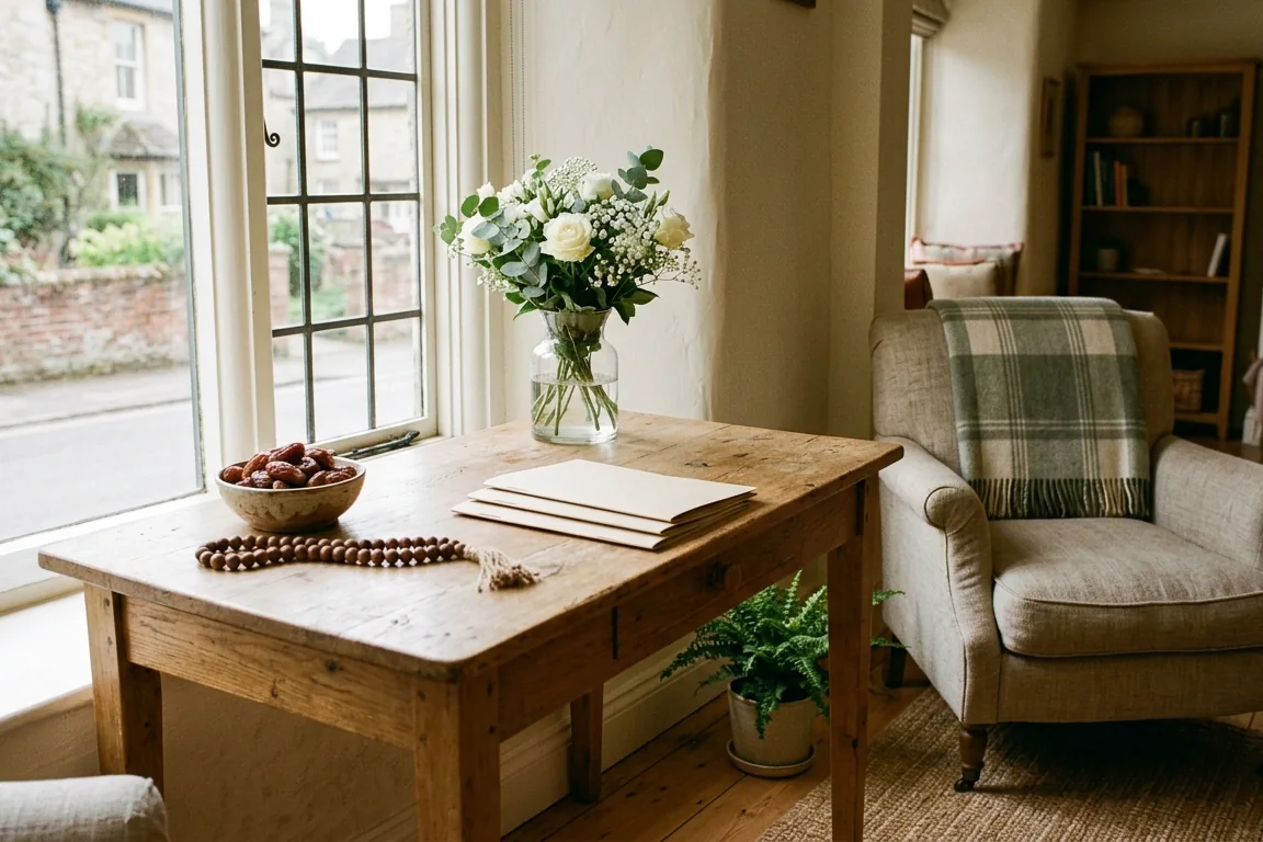 A calm desk for planning an Umrah trip, with prayer beads and dates